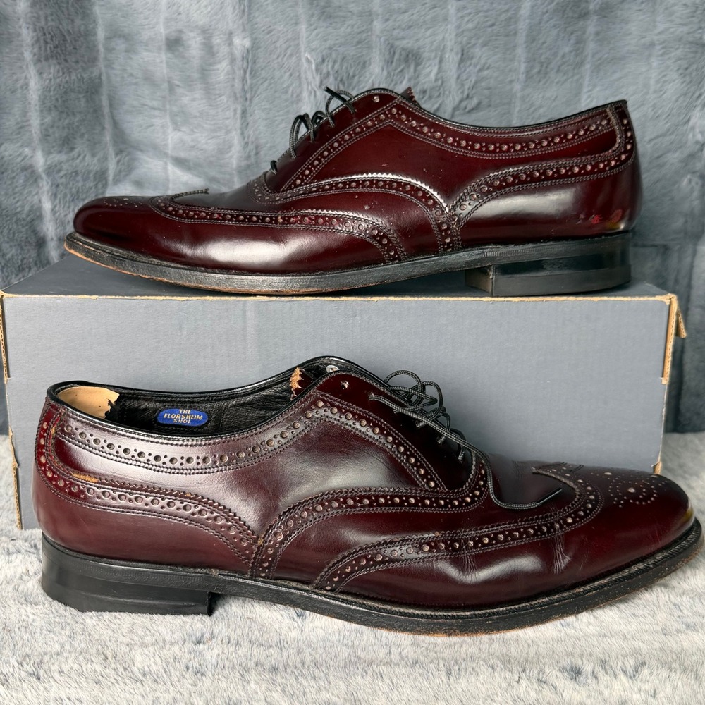 Florsheim Mens 10.5 B Burgundy Leather Wingtip Brogue Oxford Shoes Made in USA